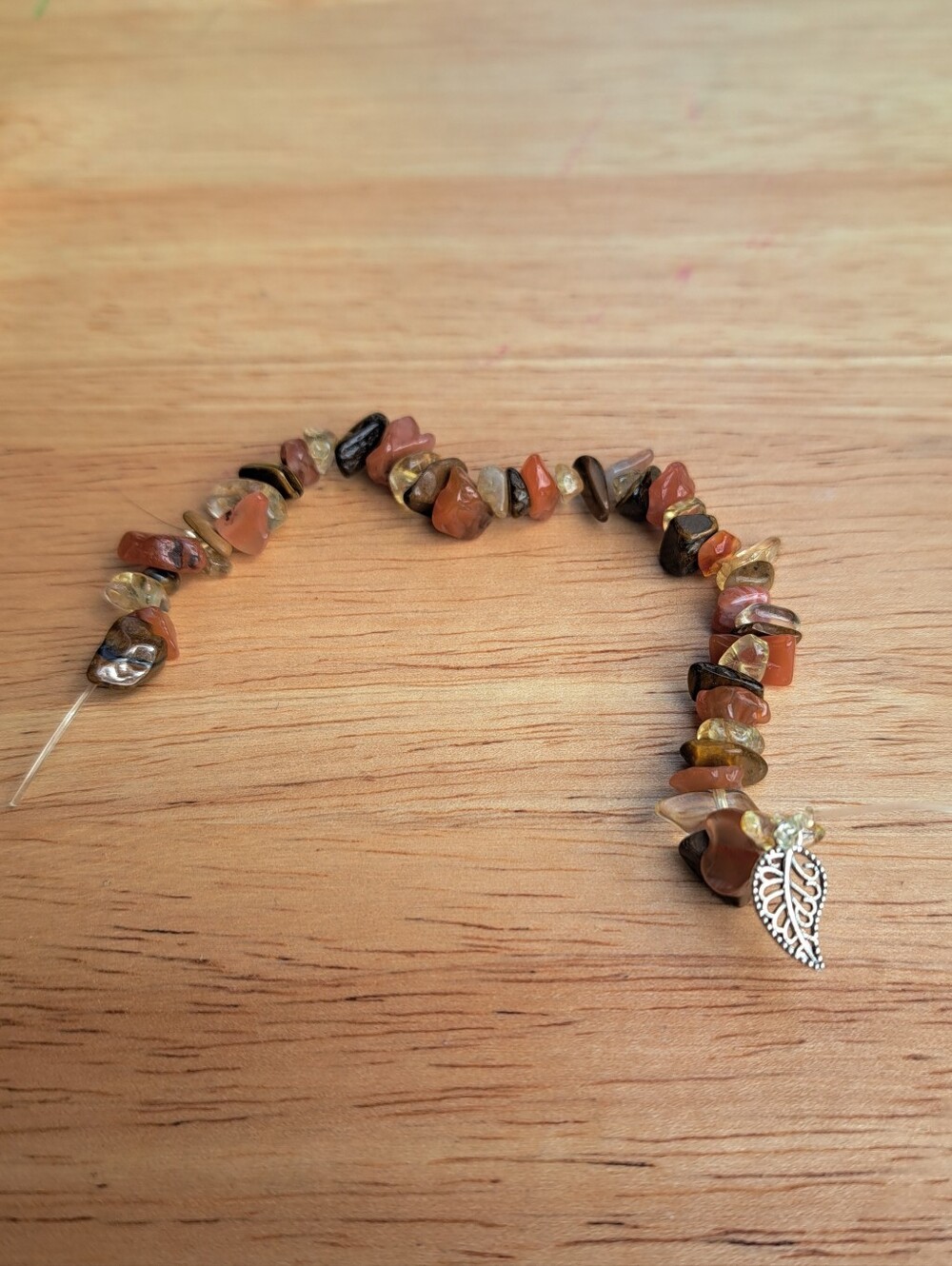 Earth-Tone Multi-Stone Chip Bracelet with Silver Leaf Charm